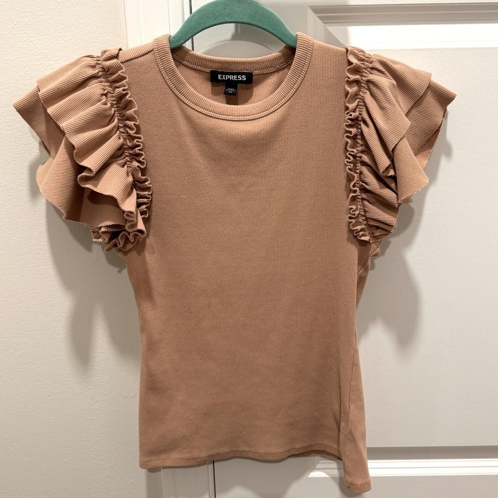 Express Beige Ruffled Sleeve Tee